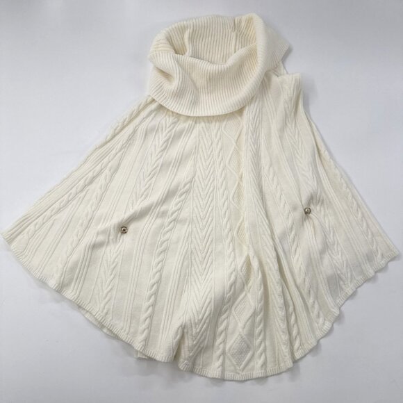 White House Black Market Shawl Sweater L XL Cream Turtleneck Poncho Cable Knit - Picture 1 of 10